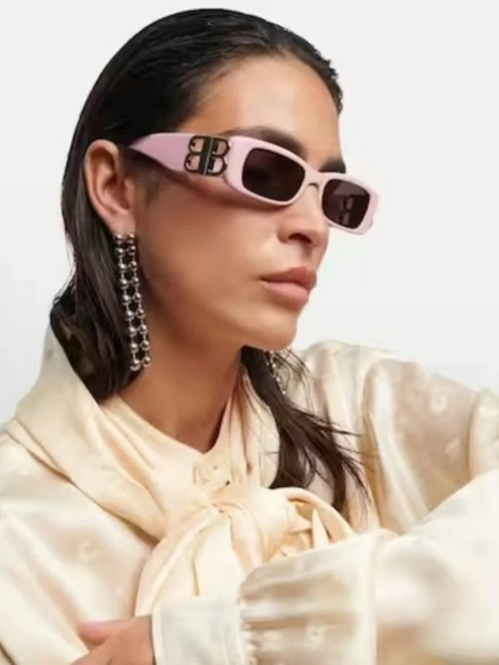 Balenciaga BB0096S 012 Rectangle Sunglasses - Pink / Grey